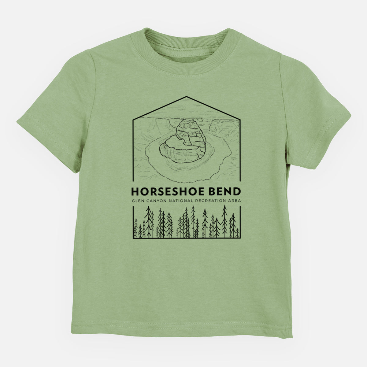 Sage green toddler t-shirt laid flat, printed with a black line art badge of Horseshoe Bend above pine trees, with the words Horseshoe Bend.