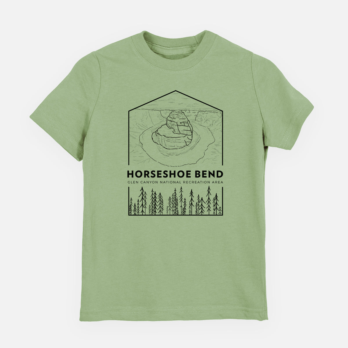 Sage green youth t-shirt laid flat, printed with a black line art badge of Horseshoe Bend above pine trees, with the words Horseshoe Bend.
