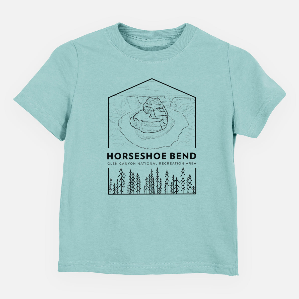 Saltwater toddler t-shirt laid flat, printed with a black line art badge of Horseshoe Bend above pine trees, with the words Horseshoe Bend.
