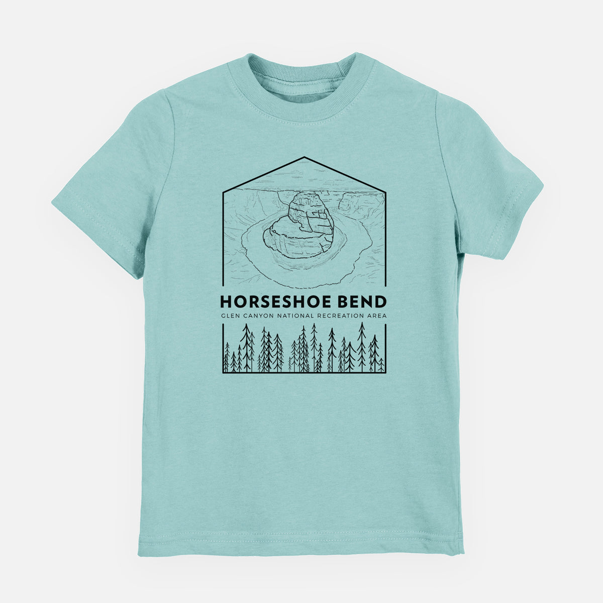 Saltwater youth t-shirt laid flat, printed with a black line art badge of Horseshoe Bend above pine trees, with the words Horseshoe Bend.