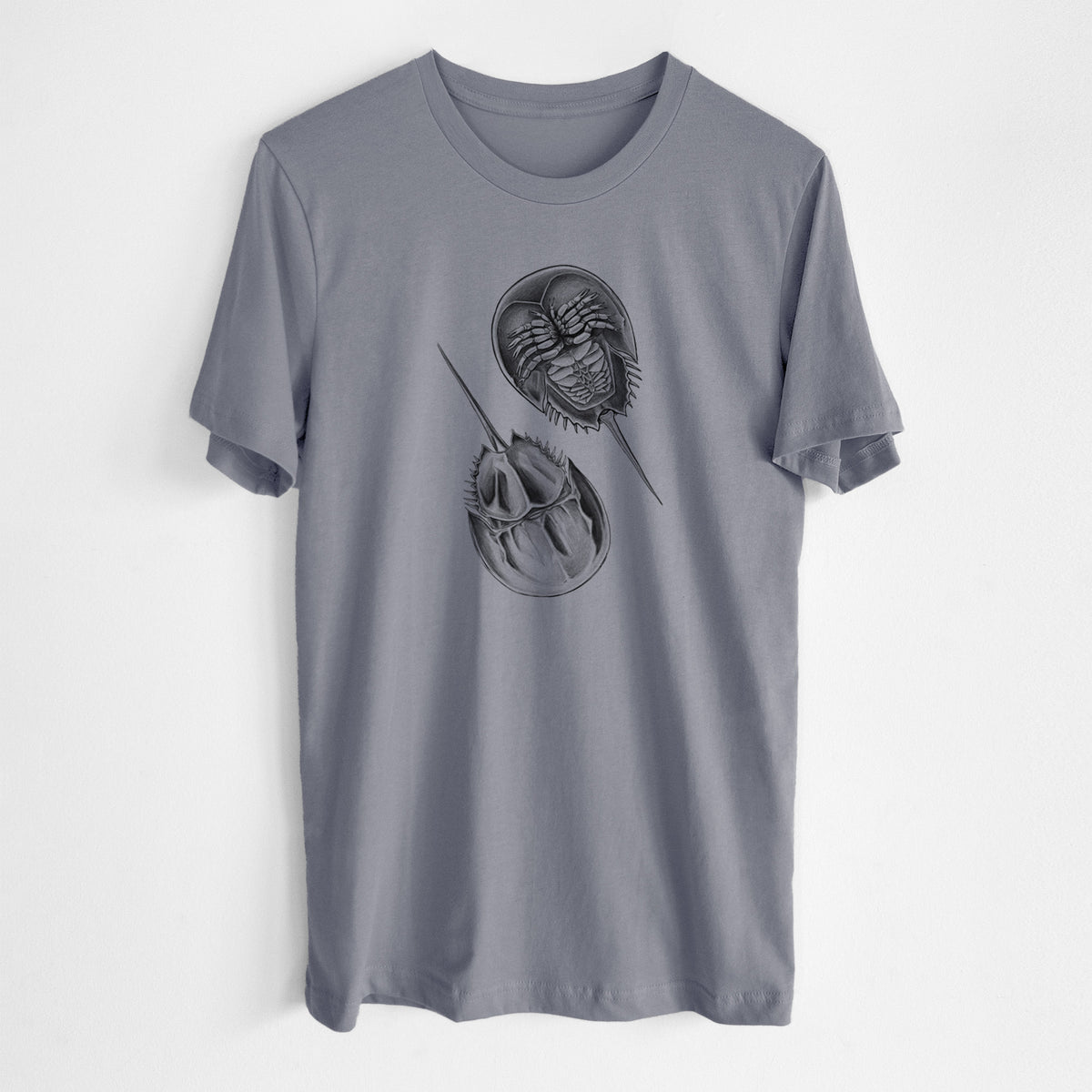 Storm grey lightweight cotton t-shirt laid flat, printed with a detailed black ink illustration of two horseshoe crabs.