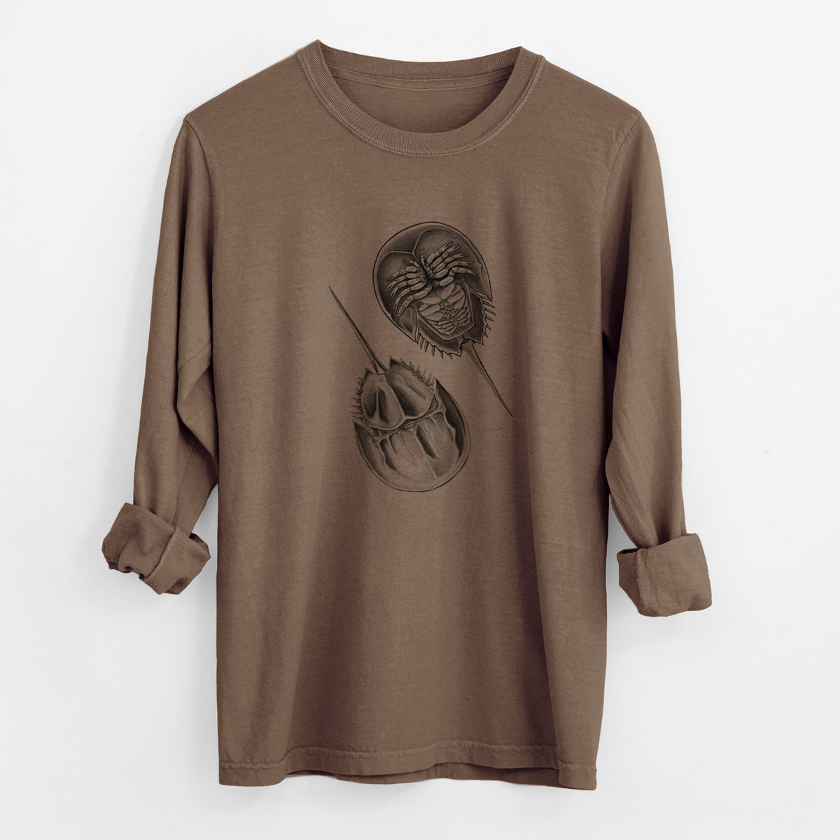 Espresso brown Comfort Colors long sleeve shirt laid flat with the cuffs rolled, printed with a detailed black ink illustration of two horseshoe crabs.