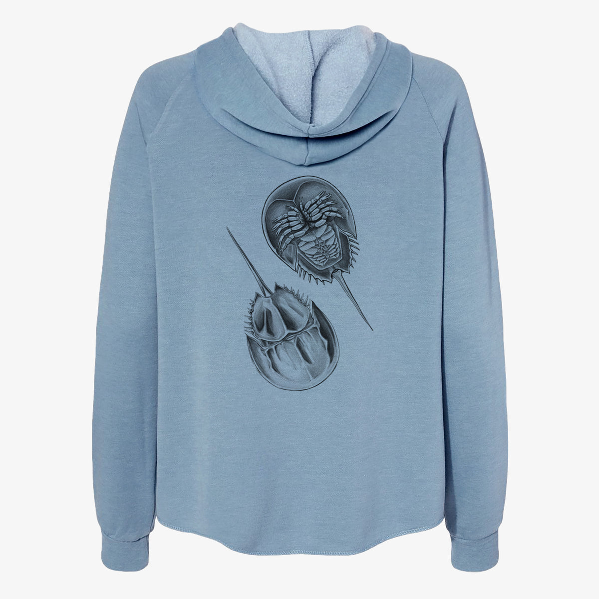 Misty blue women's Cali Wave zip-up sweatshirt laid flat, printed with a detailed black ink illustration of two horseshoe crabs.
