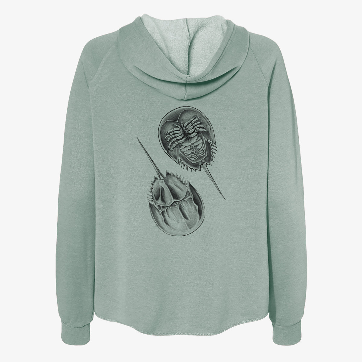 Sage green women's Cali Wave zip-up sweatshirt laid flat, printed with a detailed black ink illustration of two horseshoe crabs.