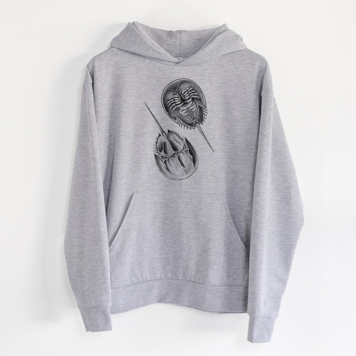 Atlantic Horseshoe Crab - Limulidae polyphemus - Statement Midweight Hoodie in Heather Grey, hanging on a white wall, with a front kangaroo pocket and no drawcords.