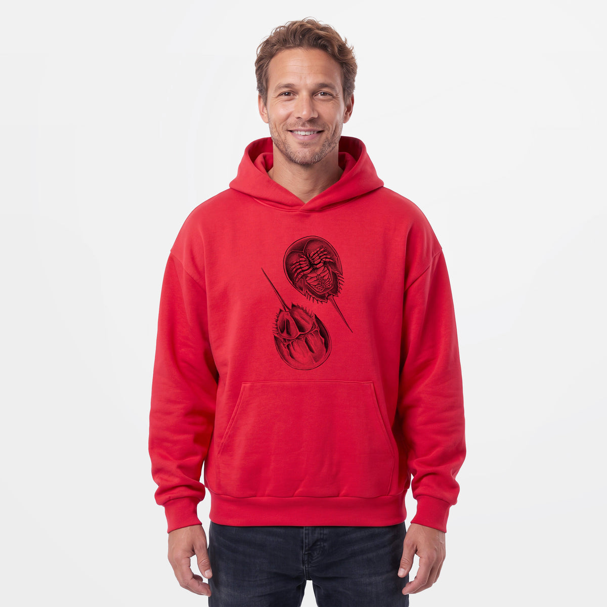 Male model wearing the Atlantic Horseshoe Crab - Limulidae polyphemus - Statement Midweight Hoodie.