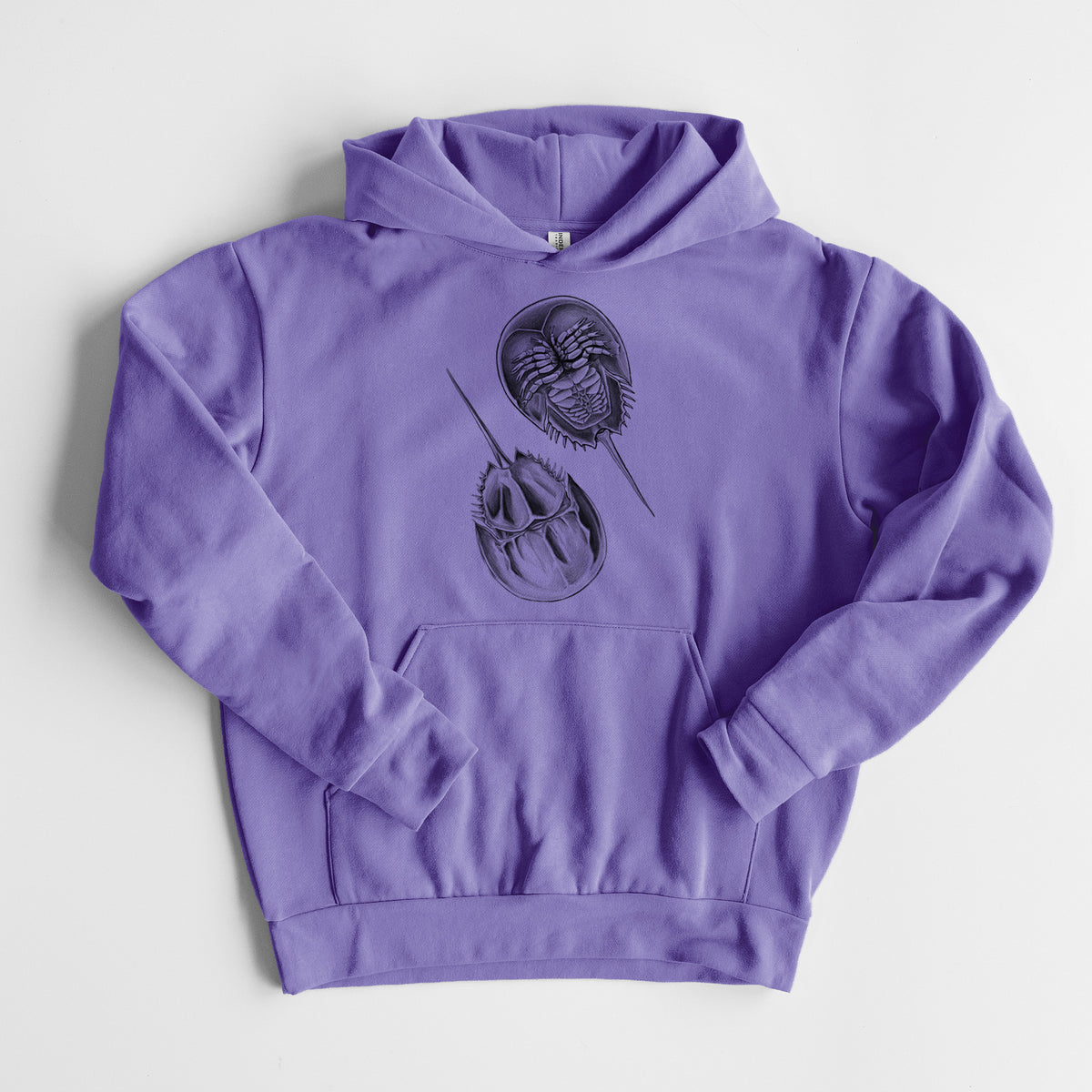 Atlantic Horseshoe Crab - Limulidae polyphemus - Statement Midweight Hoodie in Violet, laid flat, showing the oversized boxy fit and front kangaroo pocket.