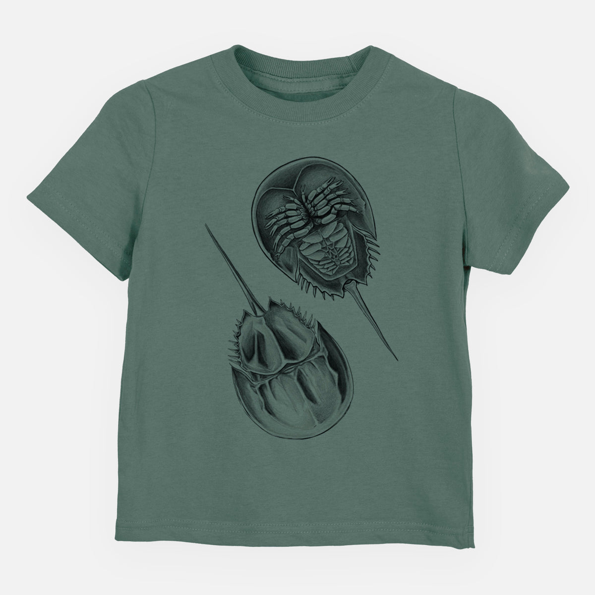 Basil green toddler t-shirt laid flat, printed with a detailed black ink illustration of two horseshoe crabs.