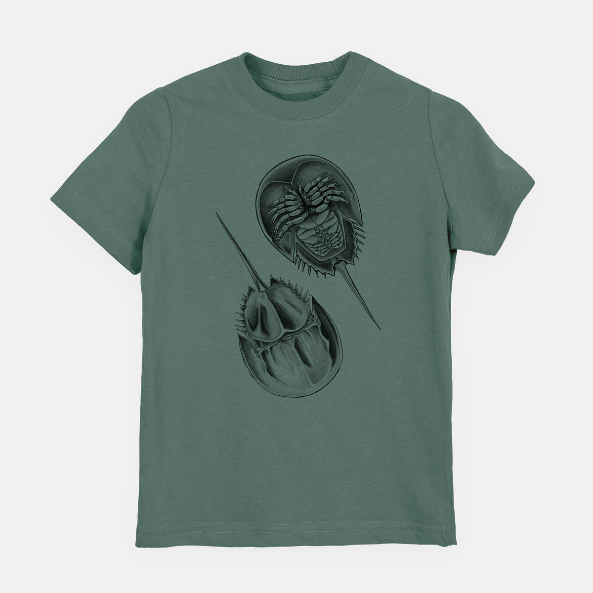 Basil green youth t-shirt laid flat, printed with a detailed black ink illustration of two horseshoe crabs.