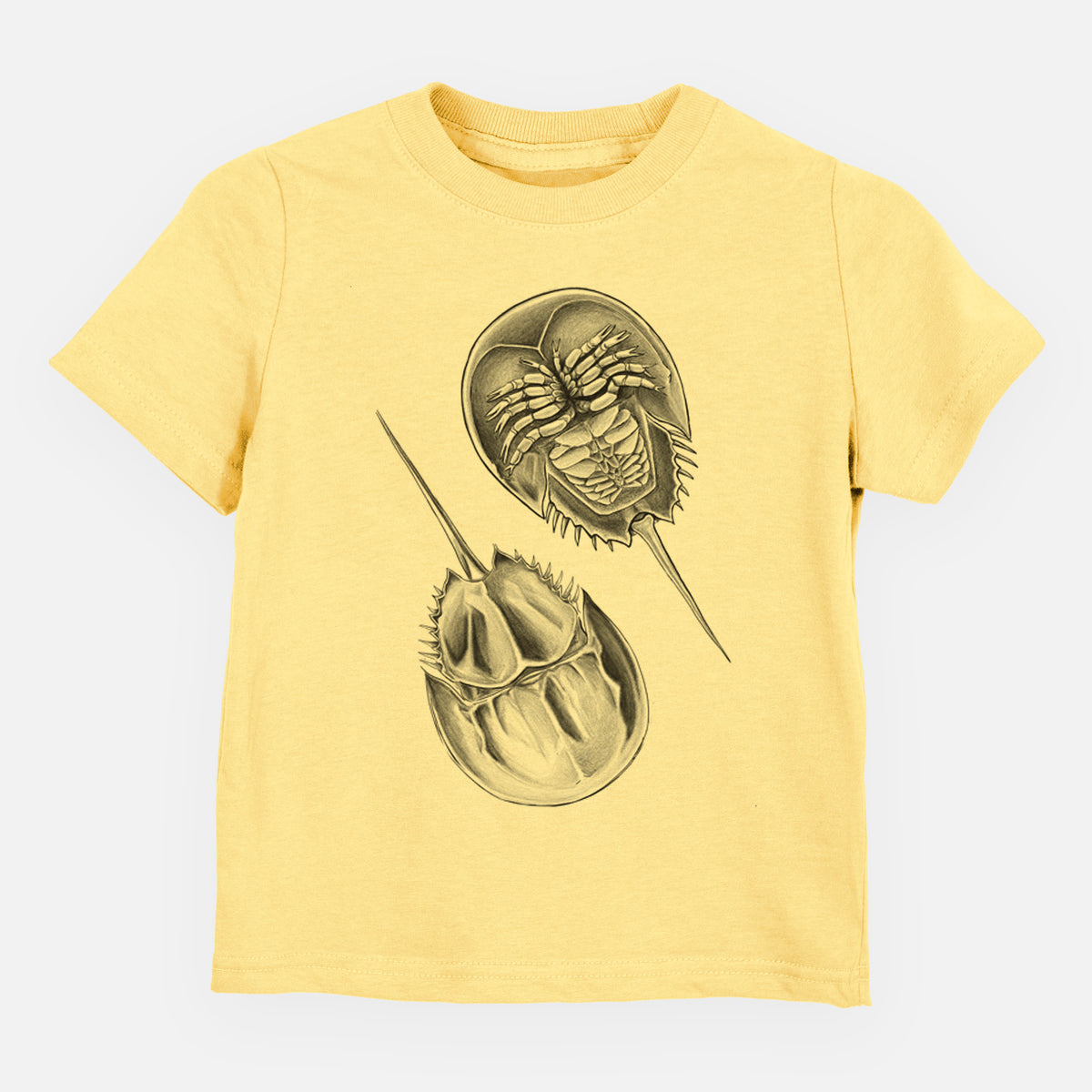 Butter yellow toddler t-shirt laid flat, printed with a detailed black ink illustration of two horseshoe crabs.