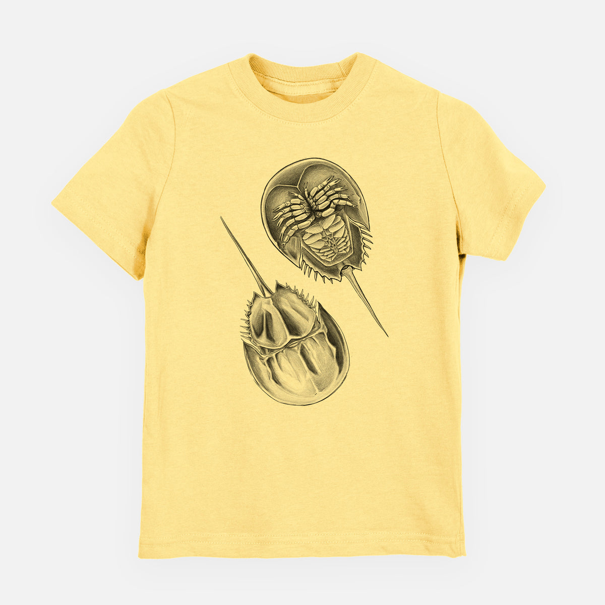 Butter yellow youth t-shirt laid flat, printed with a detailed black ink illustration of two horseshoe crabs.