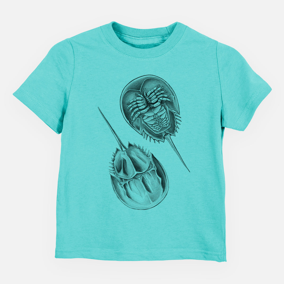 Caribbean blue toddler t-shirt laid flat, printed with a detailed black ink illustration of two horseshoe crabs.