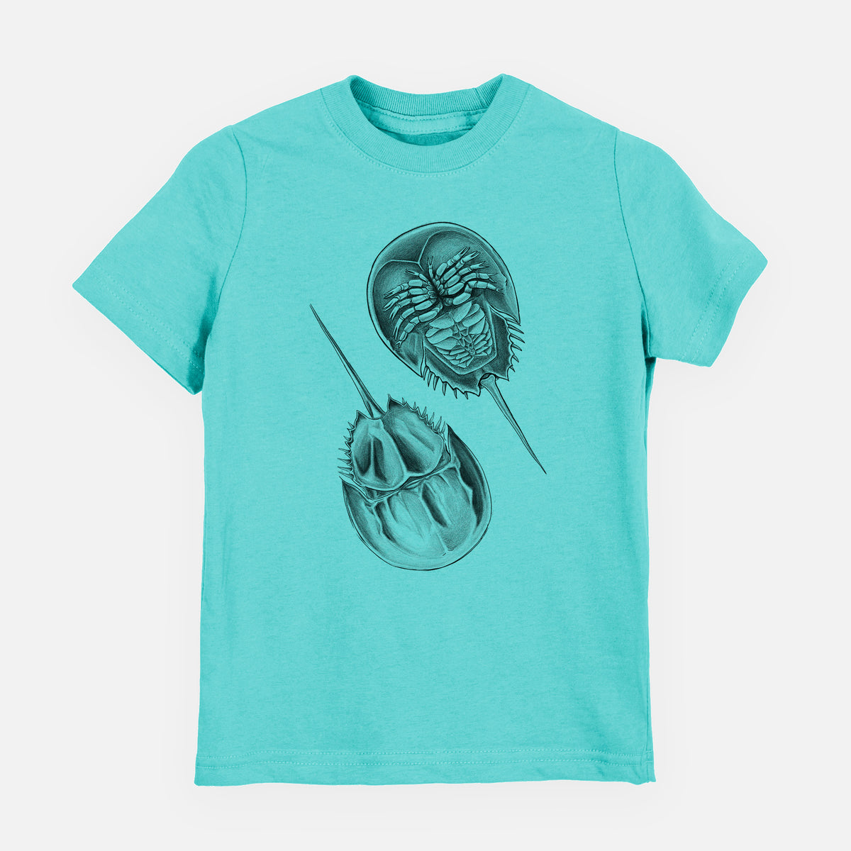 Caribbean blue youth t-shirt laid flat, printed with a detailed black ink illustration of two horseshoe crabs.