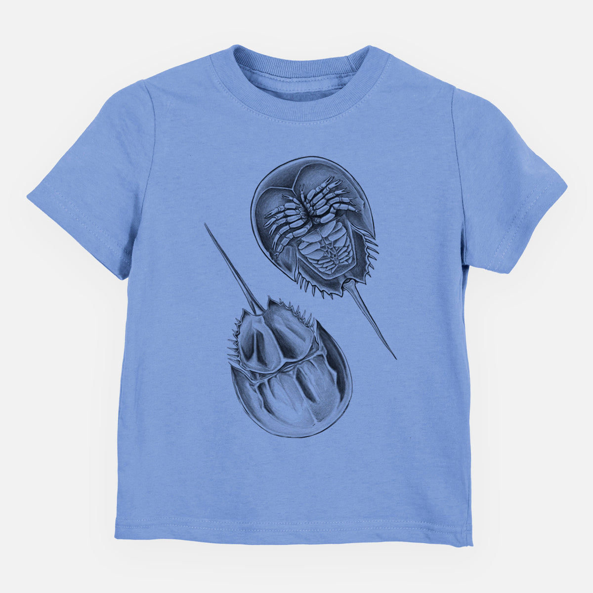 Carolina blue toddler t-shirt laid flat, printed with a detailed black ink illustration of two horseshoe crabs.