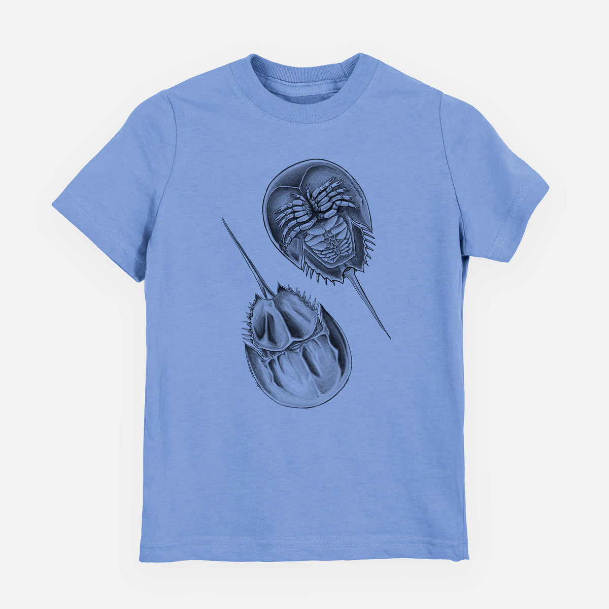Carolina blue youth t-shirt laid flat, printed with a detailed black ink illustration of two horseshoe crabs.