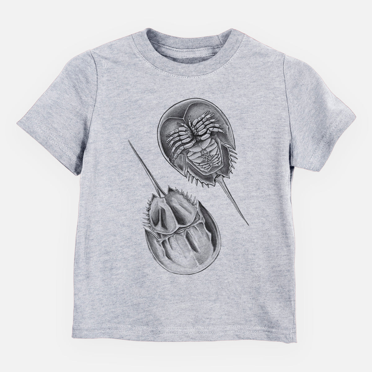 Heather grey toddler t-shirt laid flat, printed with a detailed black ink illustration of two horseshoe crabs.