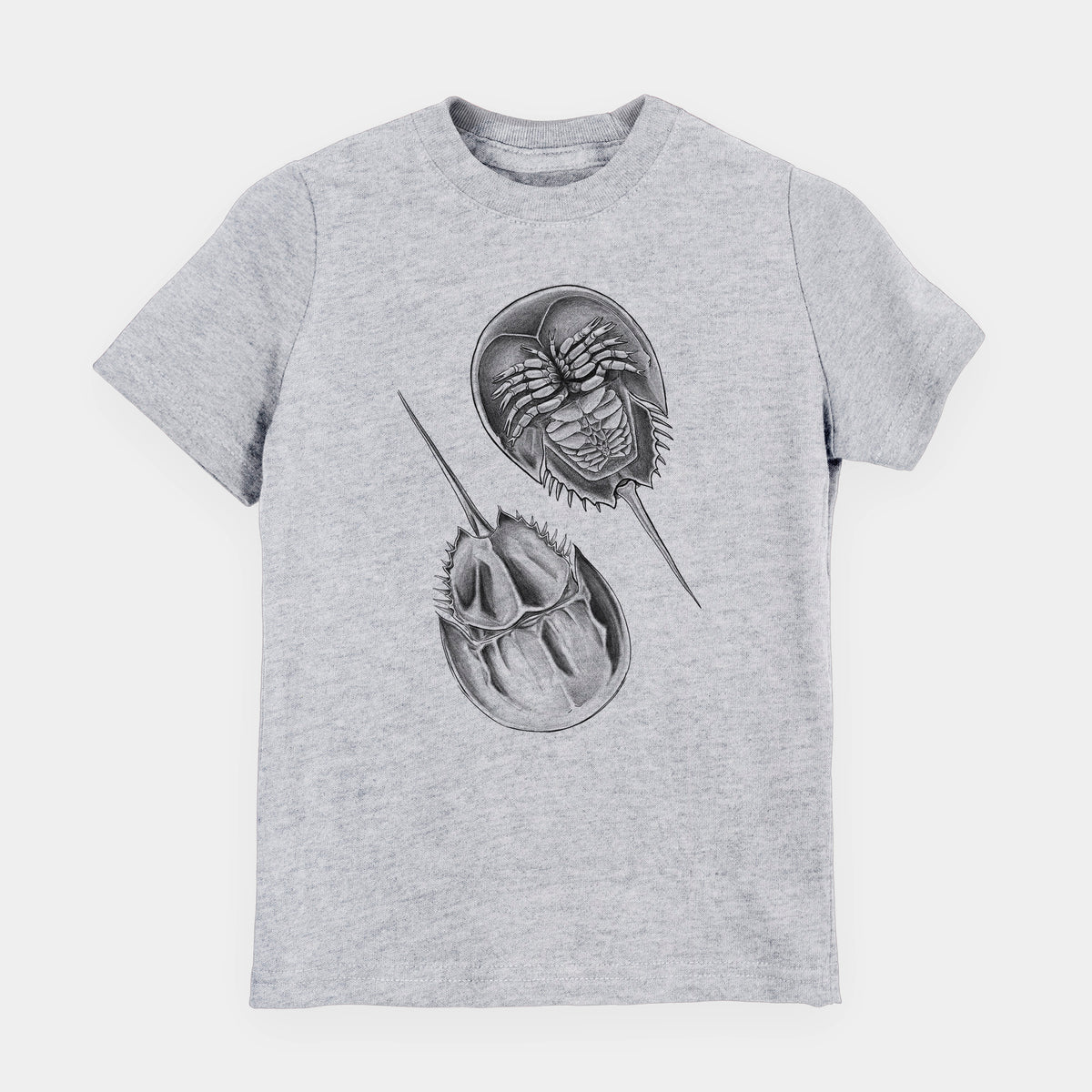 Heather grey youth t-shirt laid flat, printed with a detailed black ink illustration of two horseshoe crabs.