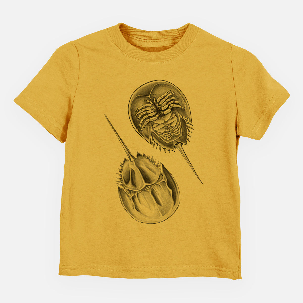 Honeycomb yellow toddler t-shirt laid flat, printed with a detailed black ink illustration of two horseshoe crabs.