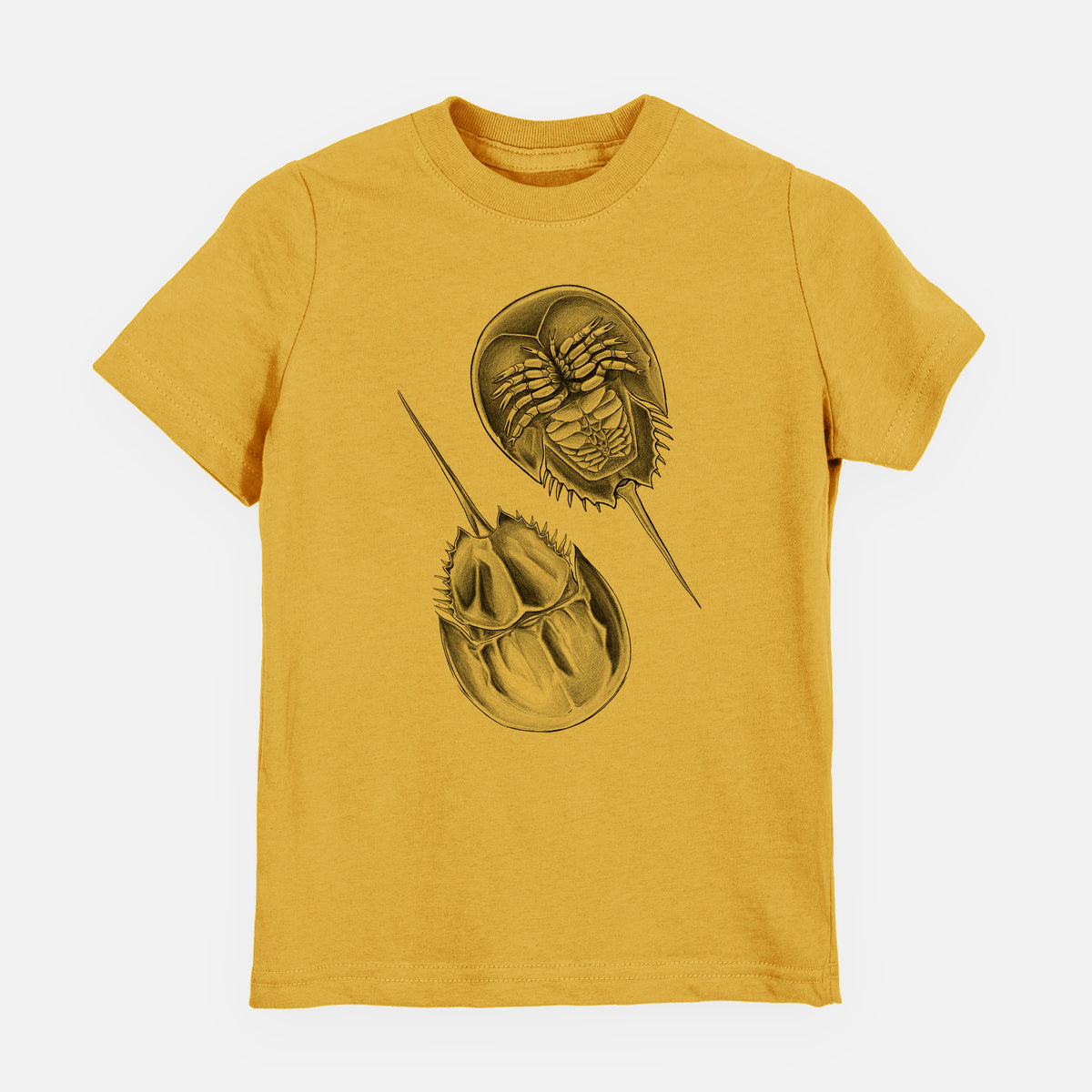 Honeycomb yellow youth t-shirt laid flat, printed with a detailed black ink illustration of two horseshoe crabs.