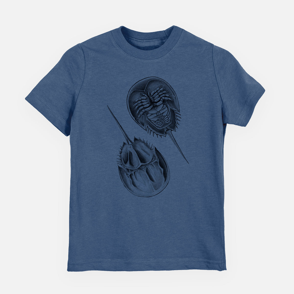 Indigo blue youth t-shirt laid flat, printed with a detailed black ink illustration of two horseshoe crabs.