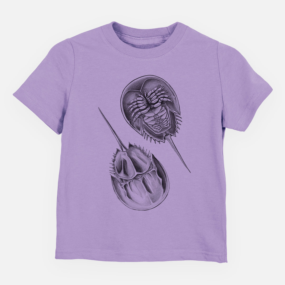 Lavender toddler t-shirt laid flat, printed with a detailed black ink illustration of two horseshoe crabs.