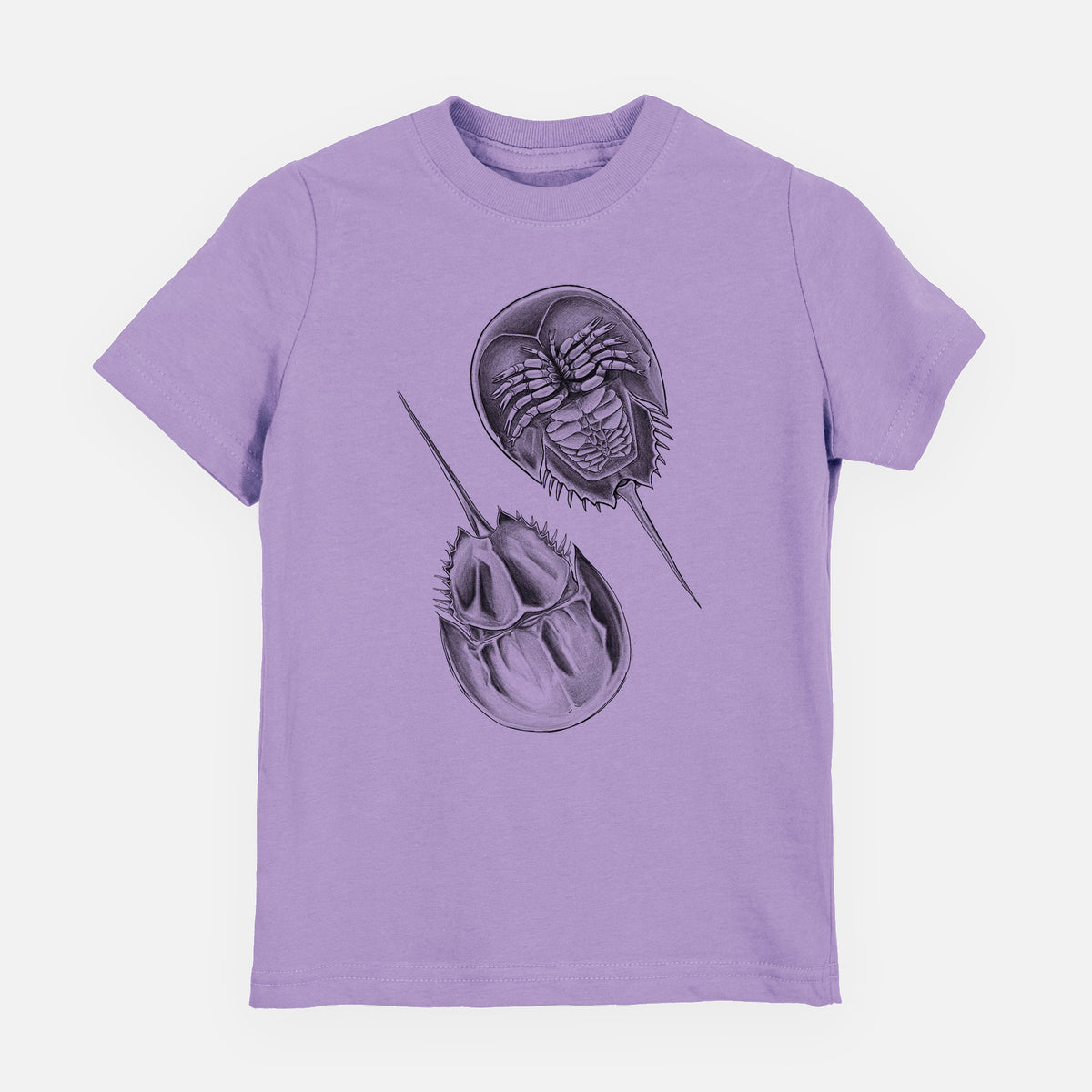 Lavender youth t-shirt laid flat, printed with a detailed black ink illustration of two horseshoe crabs.