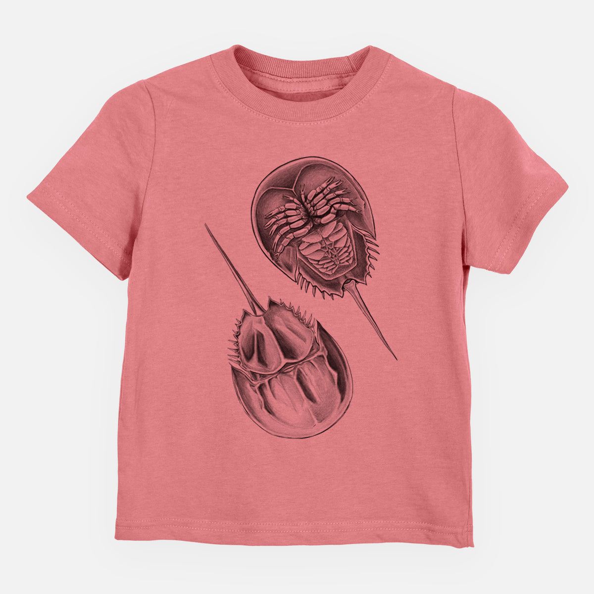 Mauve pink toddler t-shirt laid flat, printed with a detailed black ink illustration of two horseshoe crabs.