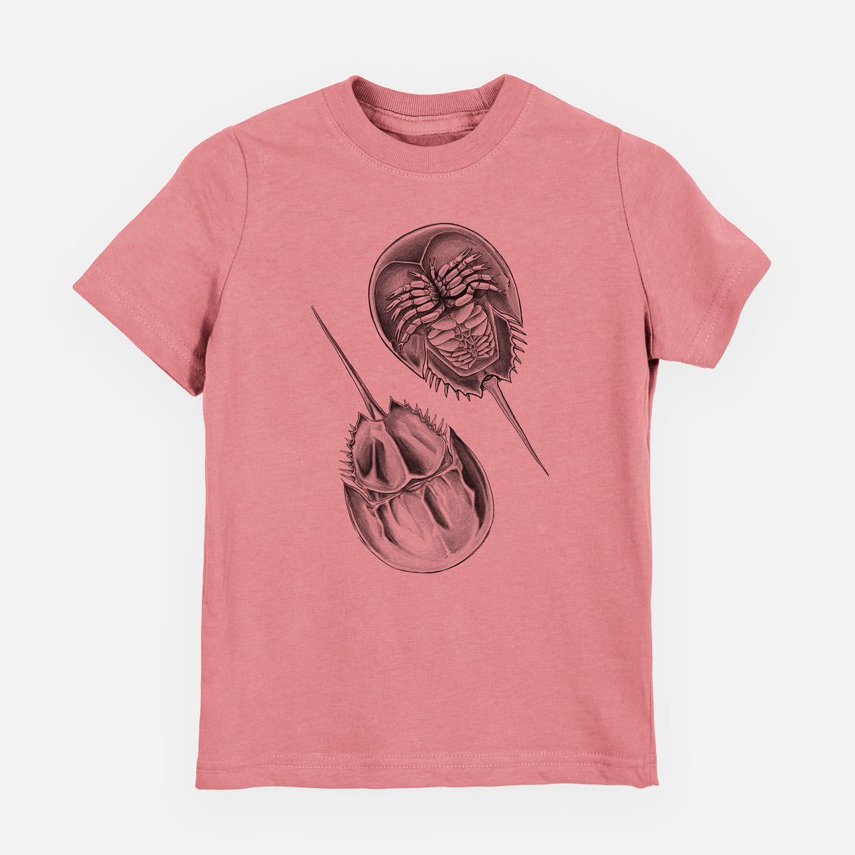Mauve pink youth t-shirt laid flat, printed with a detailed black ink illustration of two horseshoe crabs.