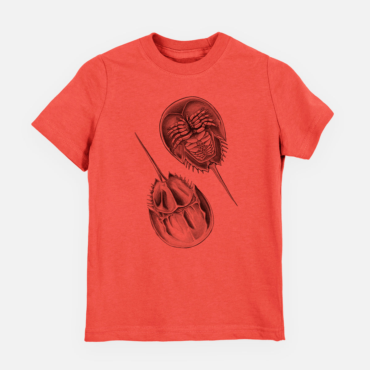 Passionfruit pink youth t-shirt laid flat, printed with a detailed black ink illustration of two horseshoe crabs.