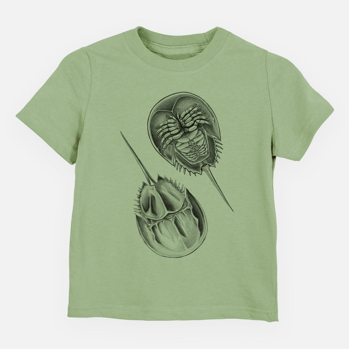 Sage green toddler t-shirt laid flat, printed with a detailed black ink illustration of two horseshoe crabs.