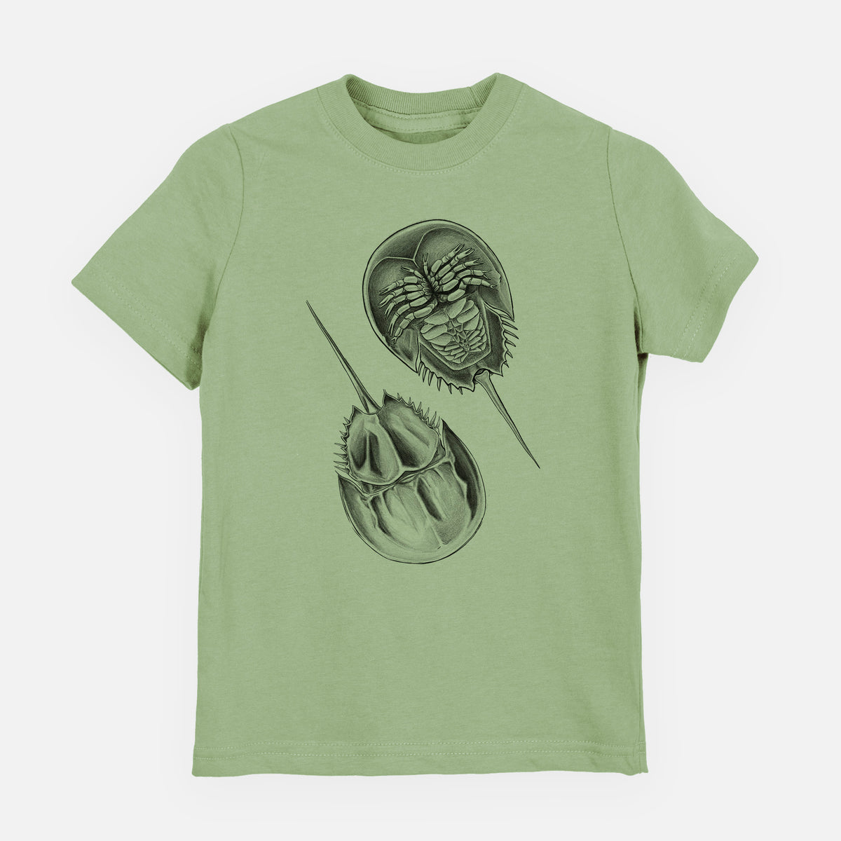 Sage green youth t-shirt laid flat, printed with a detailed black ink illustration of two horseshoe crabs.