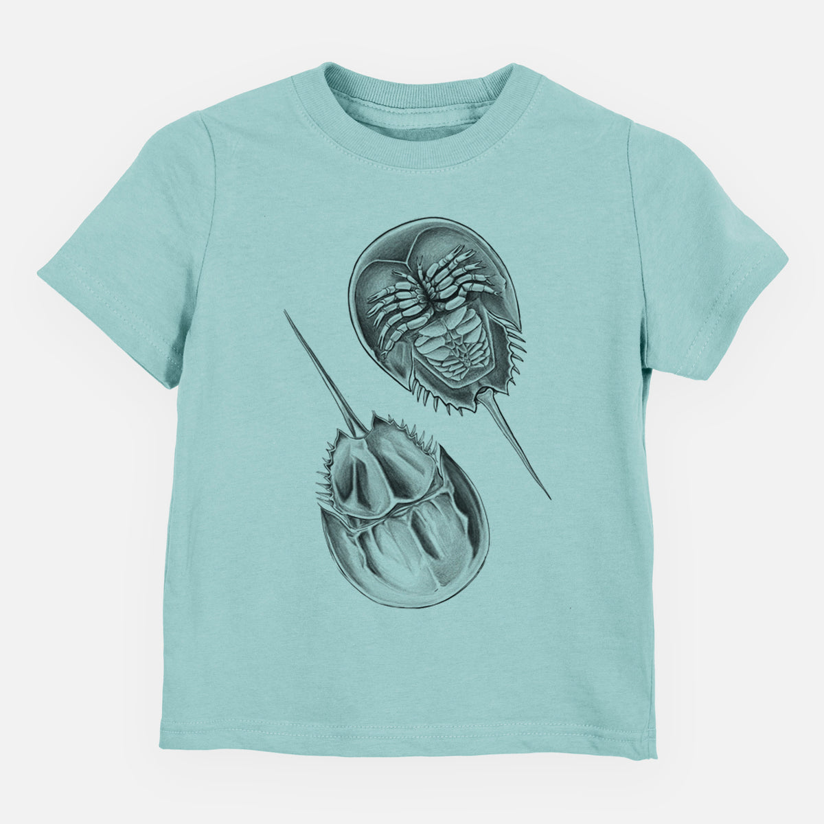 Saltwater toddler t-shirt laid flat, printed with a detailed black ink illustration of two horseshoe crabs.