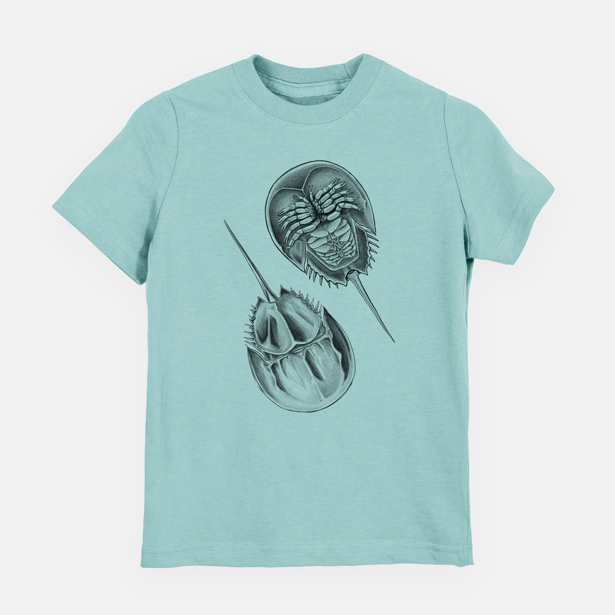 Saltwater youth t-shirt laid flat, printed with a detailed black ink illustration of two horseshoe crabs.