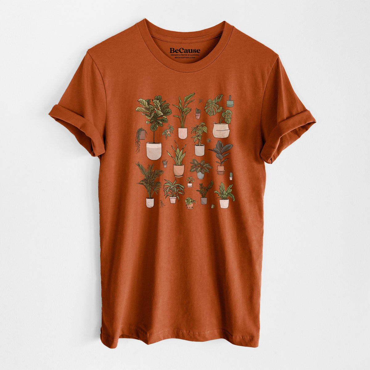 Autumn lightweight cotton t-shirt laid flat, printed with a full-color collection of potted houseplants in different pots.