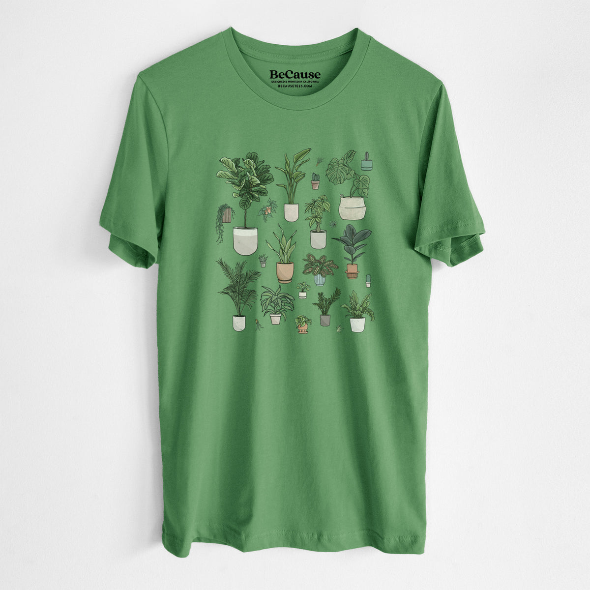 Leaf green lightweight cotton t-shirt laid flat, printed with a full-color collection of potted houseplants in different pots.