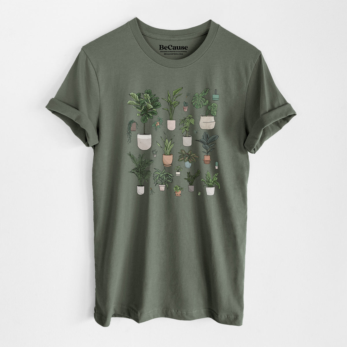 Military green lightweight cotton t-shirt laid flat, printed with a full-color collection of potted houseplants in different pots.