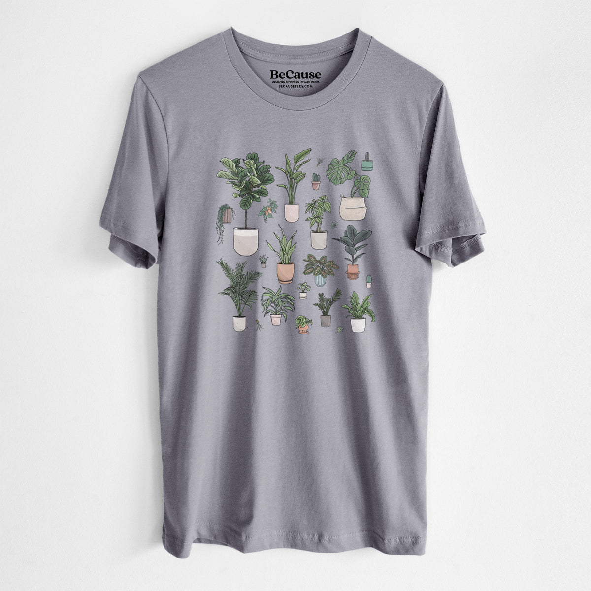 Storm grey lightweight cotton t-shirt laid flat, printed with a full-color collection of potted houseplants in different pots.