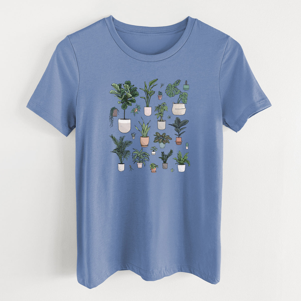 Blue bell women's relaxed fit cotton t-shirt laid flat, printed with a full-color collection of potted houseplants in different pots.