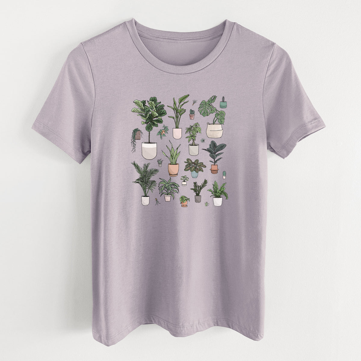 Light violet women's relaxed fit cotton t-shirt laid flat, printed with a full-color collection of potted houseplants in different pots.