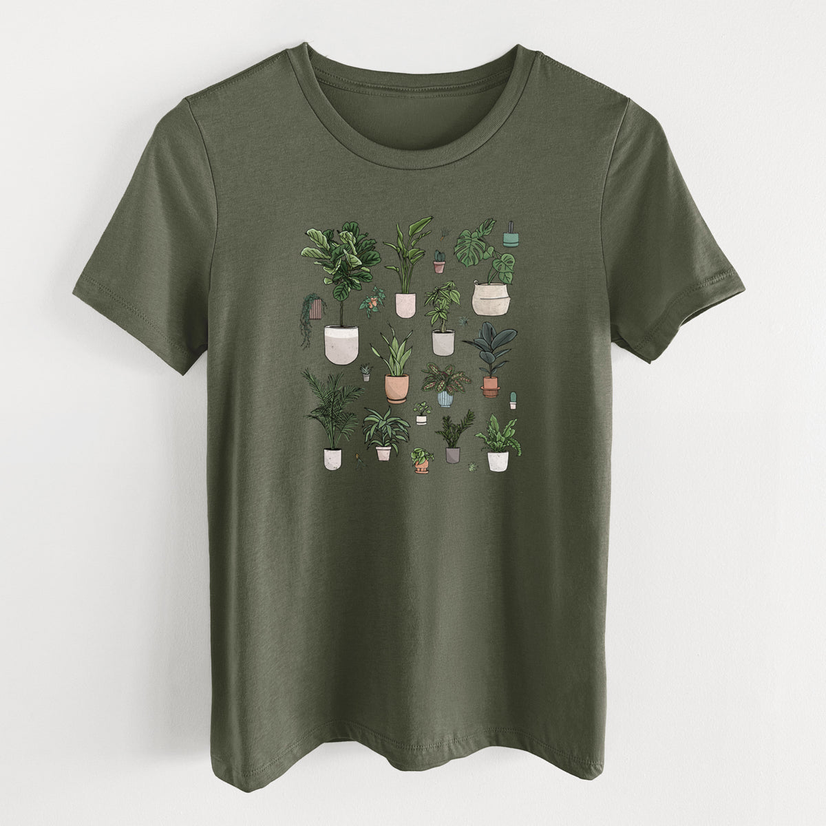 Military green women's relaxed fit cotton t-shirt laid flat, printed with a full-color collection of potted houseplants in different pots.