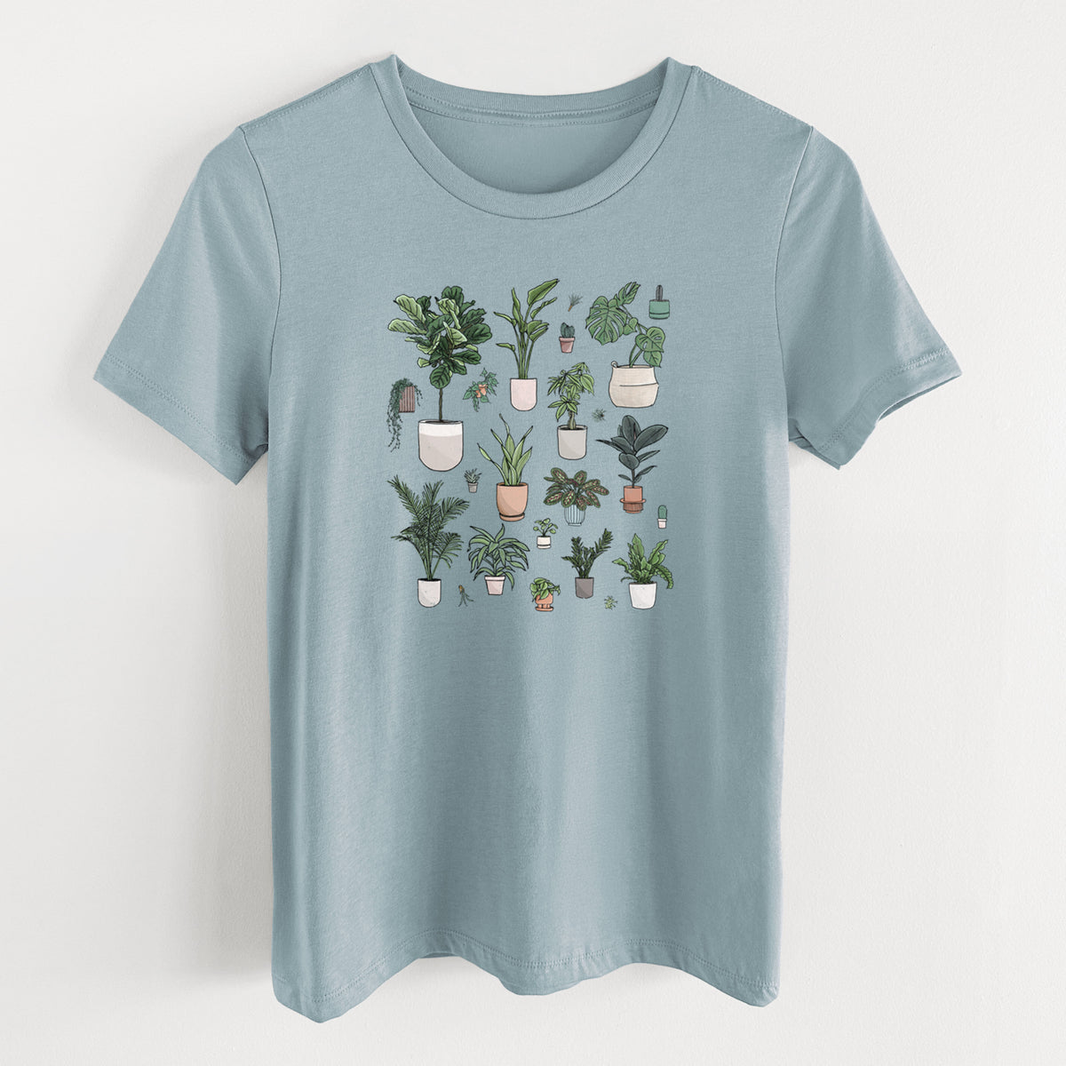 Vintage denim women's relaxed fit cotton t-shirt laid flat, printed with a full-color collection of potted houseplants in different pots.