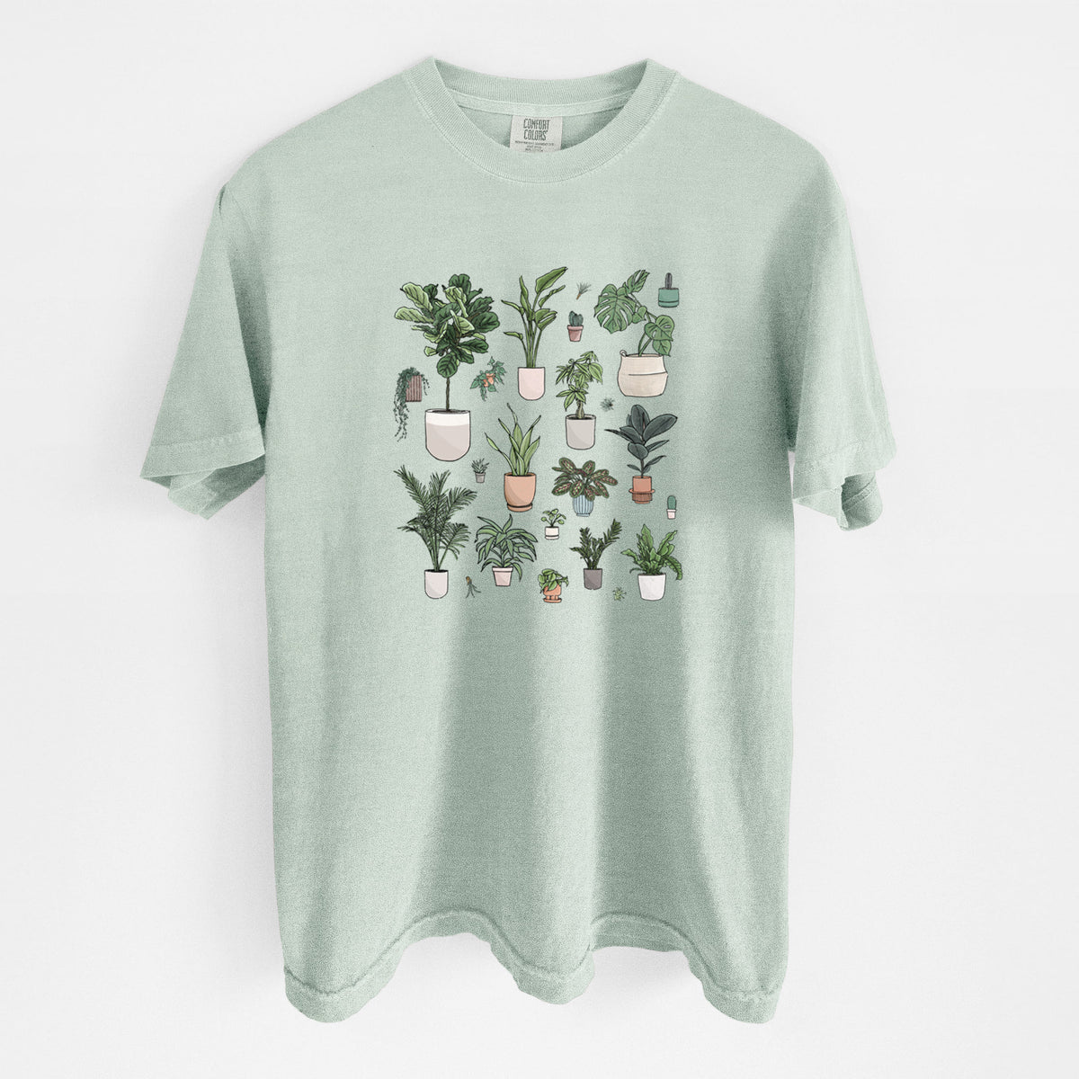 Bay green Comfort Colors t-shirt laid flat, printed with a full-color collection of potted houseplants in different pots.