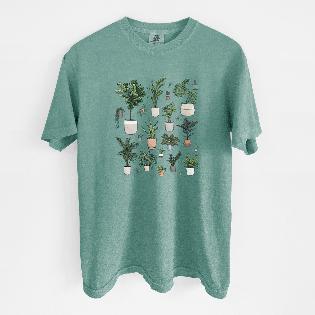 Reef green Comfort Colors t-shirt laid flat, printed with a full-color collection of potted houseplants in different pots.