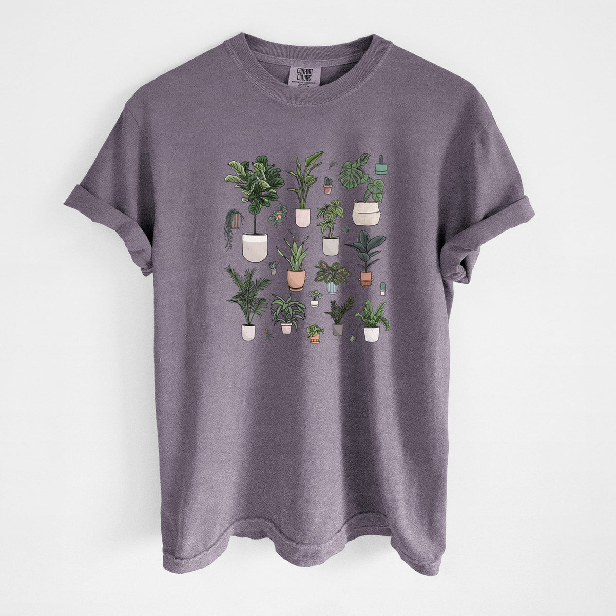 Wine red Comfort Colors t-shirt laid flat, printed with a full-color collection of potted houseplants in different pots.