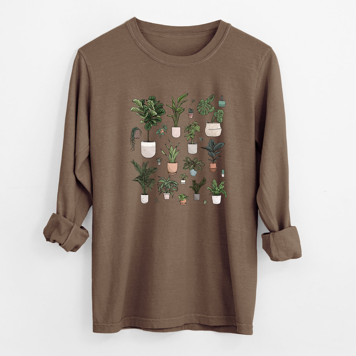 Espresso brown Comfort Colors long sleeve shirt laid flat with the cuffs rolled, printed with a full-color collection of potted houseplants in different pots.