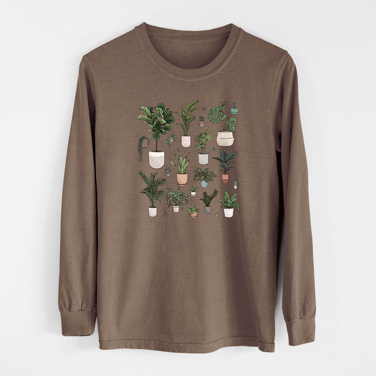 Espresso brown Comfort Colors long sleeve shirt laid flat, printed with a full-color collection of potted houseplants in different pots.
