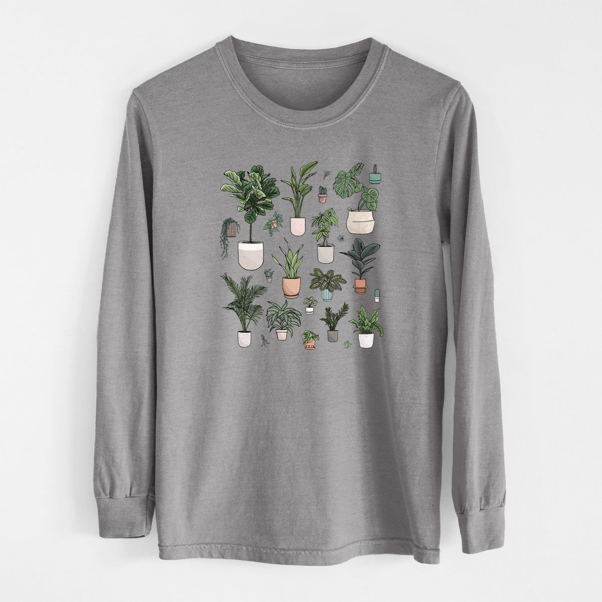 Grey Comfort Colors long sleeve shirt laid flat, printed with a full-color collection of potted houseplants in different pots.
