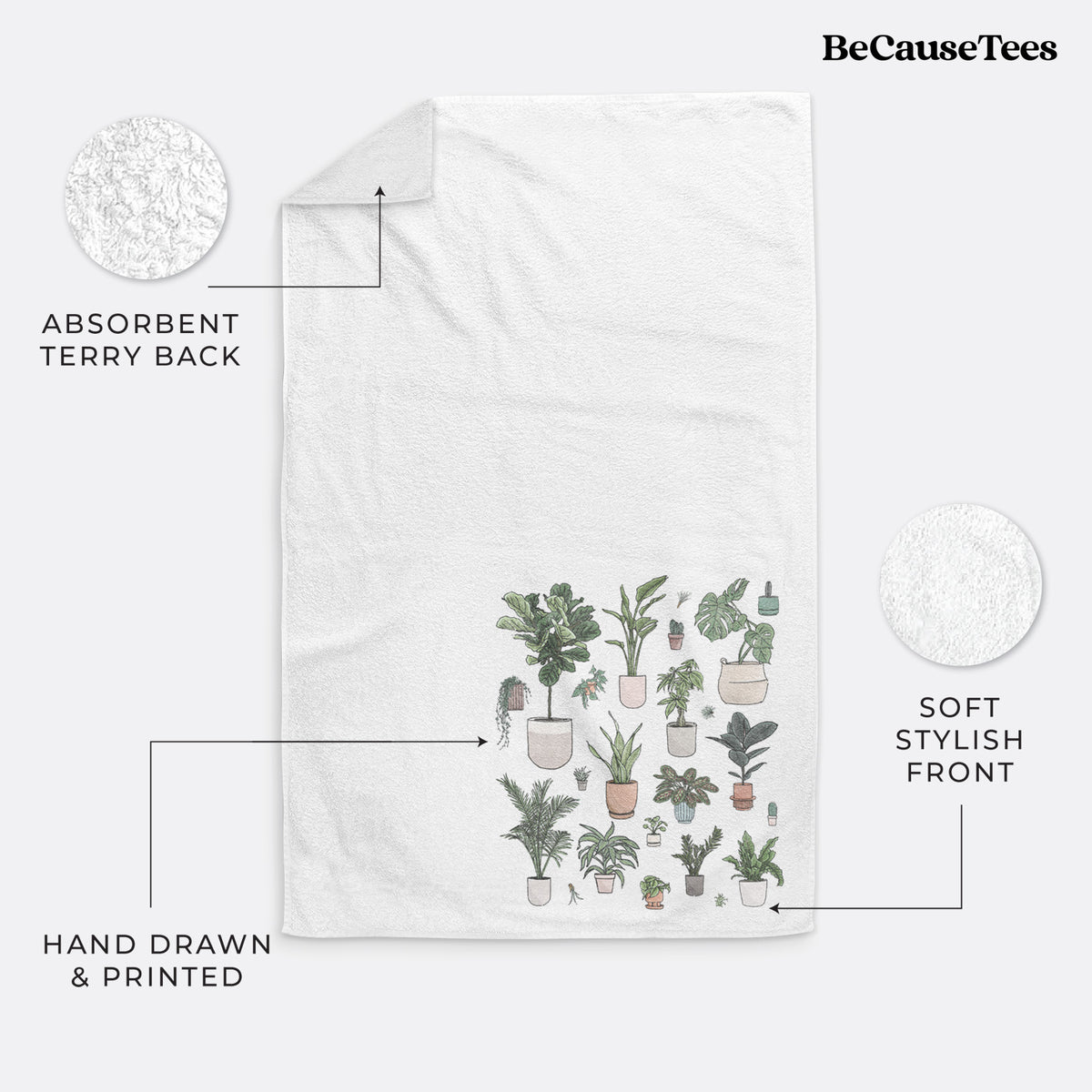 White hand towel printed with a full-color collection of potted houseplants in different pots.