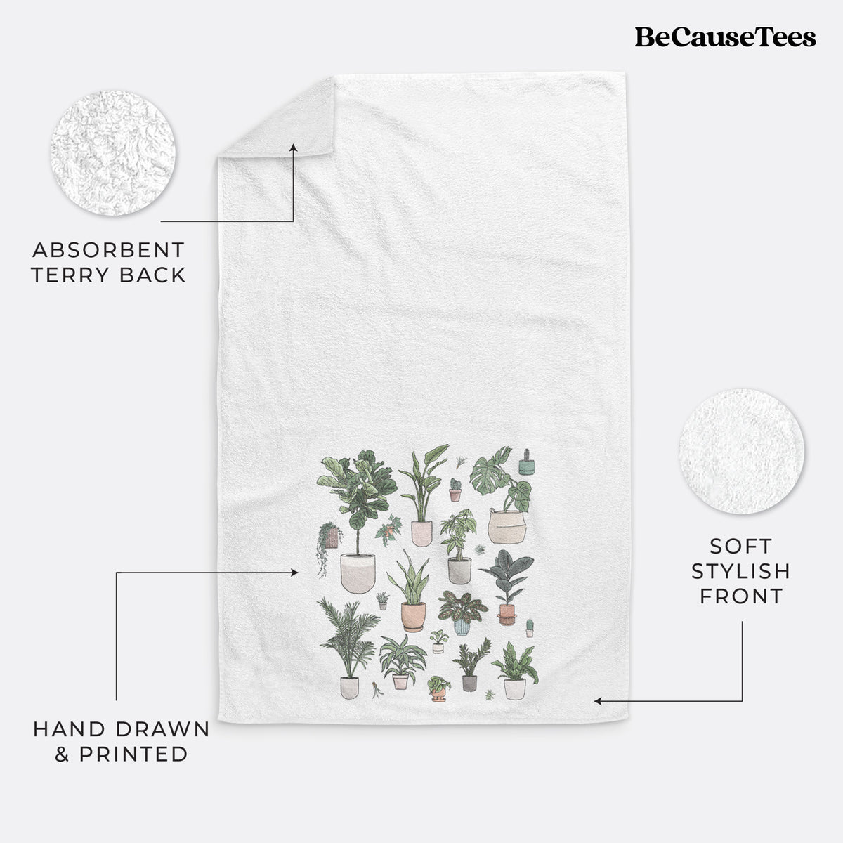 White hand towel printed with a full-color collection of potted houseplants in different pots.