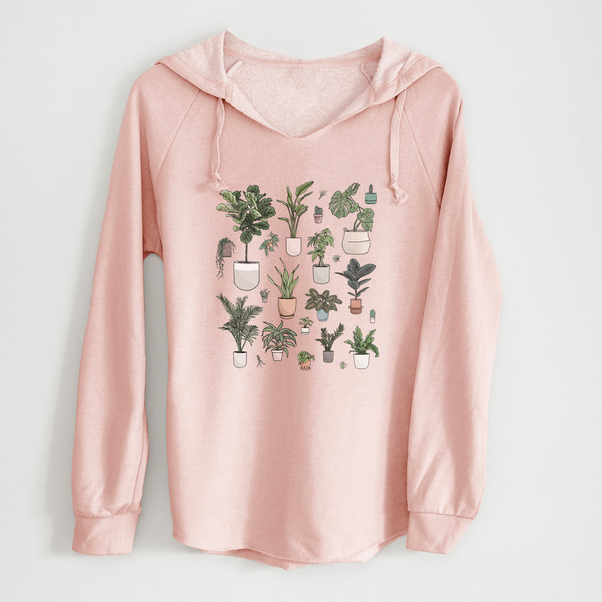 Blush pink women's Cali Wave hooded sweatshirt laid flat, printed with a full-color collection of potted houseplants in different pots.